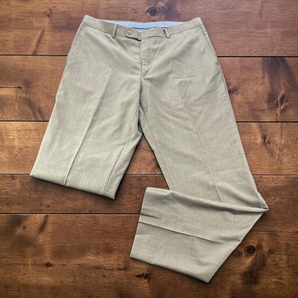 Santorelli Stuart Men Tan Micro Check 100% Pure Wool Dress Pants 38x32
